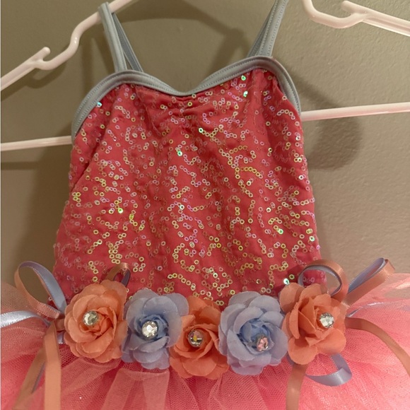 Weissman Pink and Blue Dance Costume with Sparkly Bodice and Ruffled Skirt - Picture 2 of 6